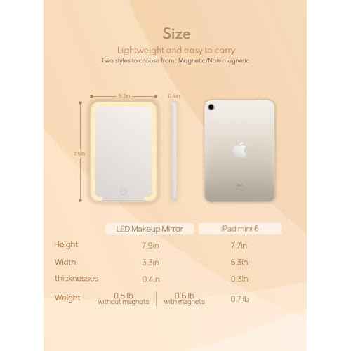 Qislee Magnetic Locker Mirror, 8 x 5 inches Travel Makeup Mirror with Light and Foldable Stand, 3 Color Modes Touch Dimming, Perfect Travel Accessory, White