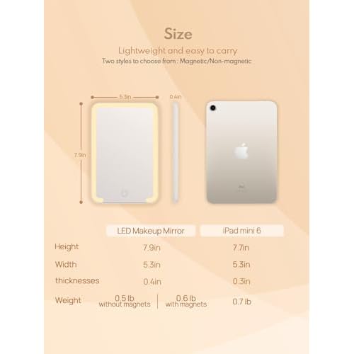 Qislee Travel Makeup Mirror with Lights, 3 Color Modes, 8 x 5 inches Desk Mirror with Foldable Stand, Touch Dimming, Perfect Travel Accessory, White