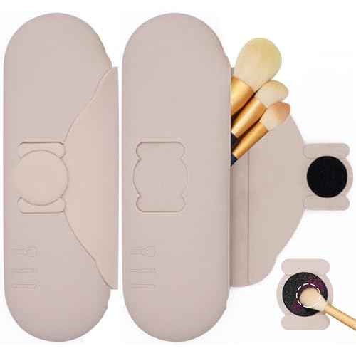 Silicone Makeup Brush Holder with Cleaning Pad - Travel Brush Organizer Case, Magnetic Closure Waterproof Cosmetic Bag for Easy Storage & On-the-Go Cleaning (9.05 Inch)