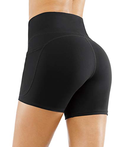 THE GYM PEOPLE High Waist Yoga Shorts for Women Tummy Control Fitness Athletic Workout Running Shorts with Deep Pockets (Small, Marble White)