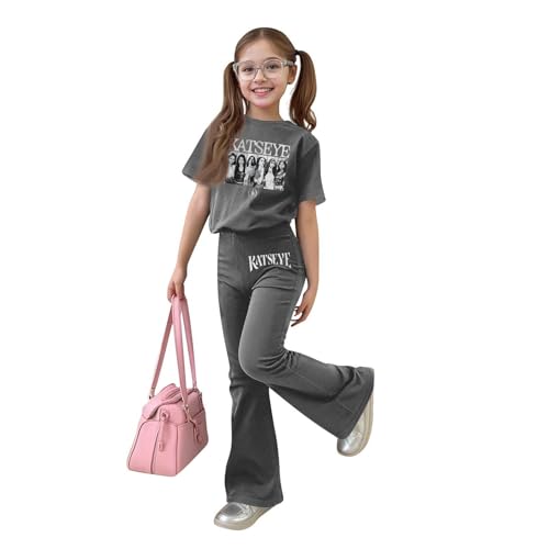 Kids Girl Short Sleeve Shirt & Flared Pants Set 12-13 Years Gray MABUTINGTI
