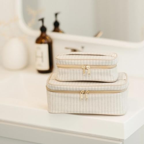 SoYoung Beauty Poche - Cosmetic Bag & Makeup Organizer for Travel, Three-Tiered, Linen/Cotton Exterior, Removable Tray, Machine Washable - Sand & Stone Beach Stripe
