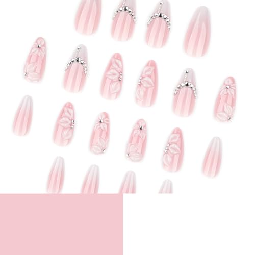 Summer White Almond Press-On Nails with 3D Flower & Crystal Design - 24 Pcs