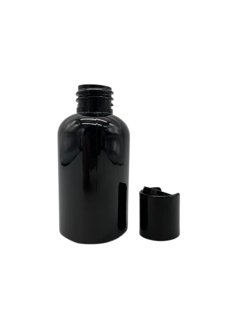 Natural Farms 2 oz Black Boston Plastic Bottles -12 Pack Empty Bottle Refillable - BPA Free - Essential Oils - Aromatherapy | Black Press Down Disc Cap - Made in the USA