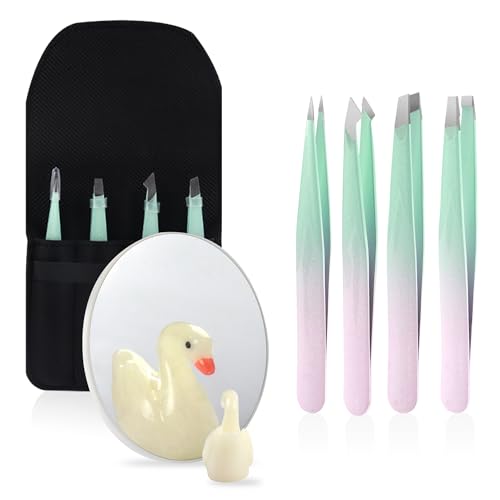 Tweezers and 10X Magnifying Mirror Kit with Travel Leather Case, Eyebrow Tweezer Set for Women & Men, Great Precision for Facial Hair, Splinter and Ingrown Hair Removal - Starry Green