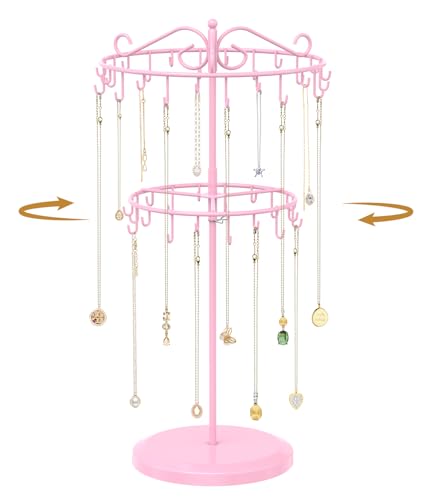 MODOWEY 42-Hook Rotating Necklace Organizer Stand, Adjustable 2-Tier Display