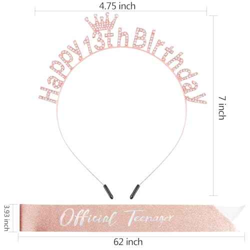 13th Birthday Decorations for Girls Official Teenager Sash 13 Year Old Tiara Crown Headbands Thirteen Hair Band Happy 13th Birthday Gifts for Girls Rose Gold