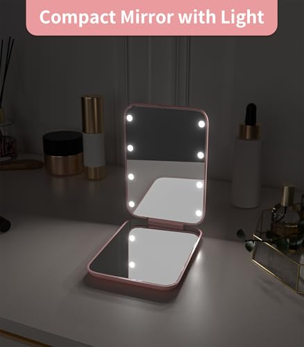 WOBSION Pink Compact Lighted Makeup Mirror 1x/3x Magnification for Purses