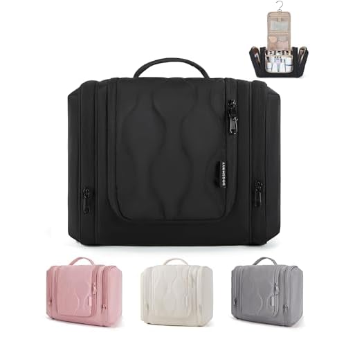 BAGSMART Toiletry Bag for Women, Wide-open Makeup Bag Organizer for Travel Essentials Travel-size, Water-resistant Large Capacity Cosmetic Bag for Accessories, Shampoo, Toiletries with Handle, Black