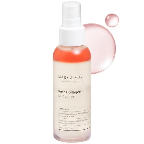 Mary&May Rose Collagen Mist Serum - Double Layer Essence Face Spray - Instant Hydration, Radiance, Anti-Aging and Glowing Skin with Damask Rose Water and Plant-Based Oils, 3.38 fl.oz.
