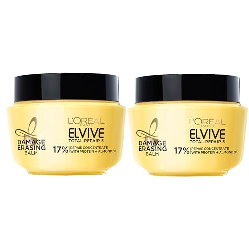 L'Oreal Paris Hair Care Elvive Total Repair 5 Damage Erasing Balm, Conditioning Hair Mask for Damaged Hair, with Almond and Protein, 8.5 fl; oz, (Pack of 2)