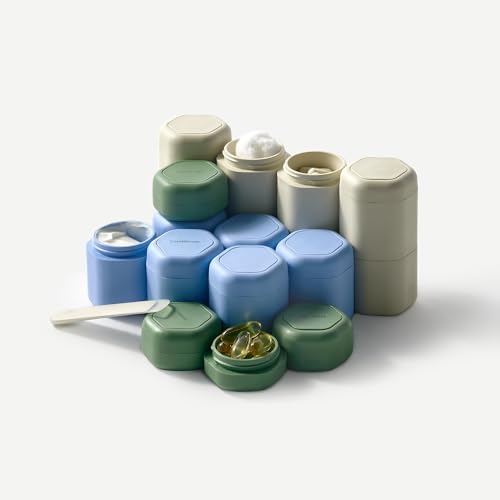 Cadence Travel Containers Basic Skincare Set - Magnetic Containers with Lids,Carry On Travel Essentials For Women/Men - 3 Small Capsules (0.56oz) - Cleanser, Moisturizer & Sun-Icon Labels - Evergreen