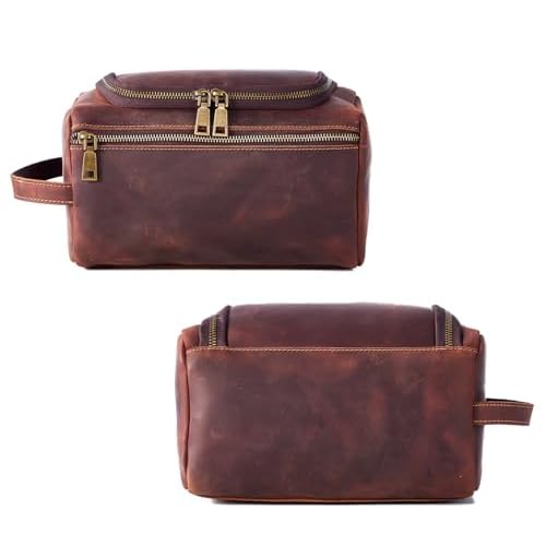 EURYNOME Leather Unisex Toiletry Bag Travel, Genuine Leather Shaving Dopp Kit - Mens Toiletry Bag With Hook -Makeup Cosmetic Organizer Kit - Men Travel Toiletries Bag Groomsmen Gift