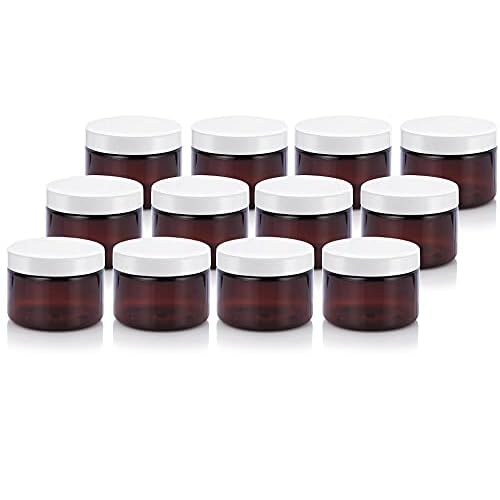 (12 pack) 3 oz Amber PET Plastic Jar with White Lid Refillable Storage Airtight Organizing