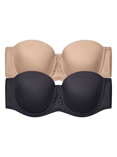 Vanity Fair Women's Beauty Back Smoothing Strapless Bra, 4-Way Stretch Fabric, Lightly Lined Cups up to H, 2 Pack-Beige/Black, 34D