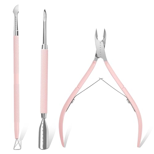 Makartt Cuticle Trimmer with Cuticle Pusher, 3 PCS Pink Nail Cuticle Nipper Professional Pedicure Manicure Tools with Stainless Steel Dual End Pusher, Nail Scraper