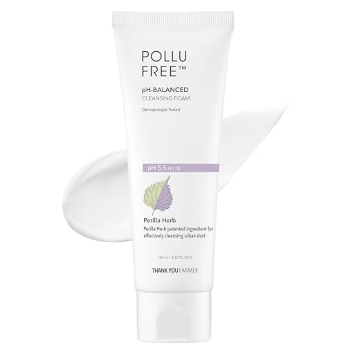 THANKYOU FARMER Pollufree pH-Balanced Cleansing Foam - Korean Face Wash for Sensitive Skin, Hyaluronic Acid Hydrating Facial Cleanser 4.22 fl.oz