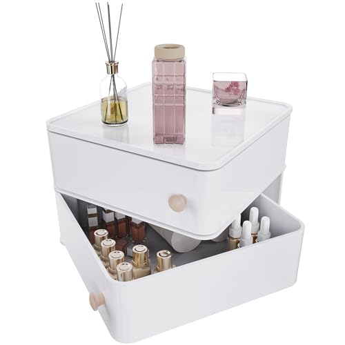 Makeup Organizer Stackable Storage Drawers, 2 Tier Plastic Organizers Bins for Makeup Palettes, Cosmetic Display Cases, and Beauty Supplies, Ideal for Vanity, Bathroom Countertop, Desk Organization