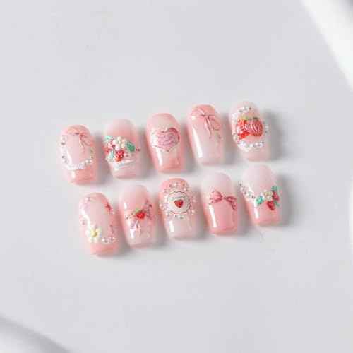 5D Embossed Pink Nail Stickers for Nail Art Cake Strawberry Bow Nail Art Stickers Nail Decals Self Adhesive Cute Nails Design Manicure Supplies Charm for Women Nails Decorations