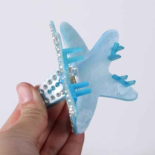 3.15 inch Acrylic Starfish Hair Claw Clip for Women Girls, Non-Slip Blue Rhinestone Ocean Animal Jaw Clamp Strong Holder for Thick Thin Hair Styling Accessory Beach Vacation Gift
