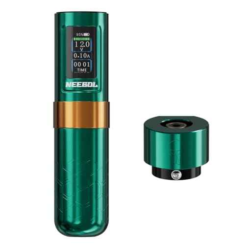 NEEBOL Wireless Tattoo Gun Rotary Tattoo Machine LED Display Screen High-end Tattoo Pen Equipment Supply 8 Hour Battery Life Extra Battery Permanent Tattoo Art Makeup Gift (Green)