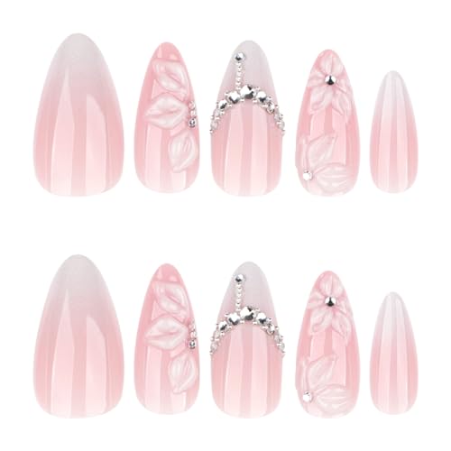 Summer White Almond Press-On Nails with 3D Flower & Crystal Design - 24 Pcs