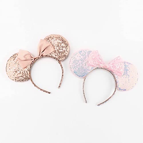 DRESHOW Mouse Ears Headband with Sequin Bow – 2-Pack