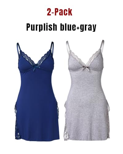 Women's Lace Trim Modal Cami Sleep Dress with Side Slit