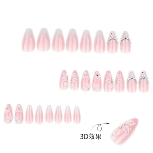 Summer White Almond Press-On Nails with 3D Flower & Crystal Design - 24 Pcs