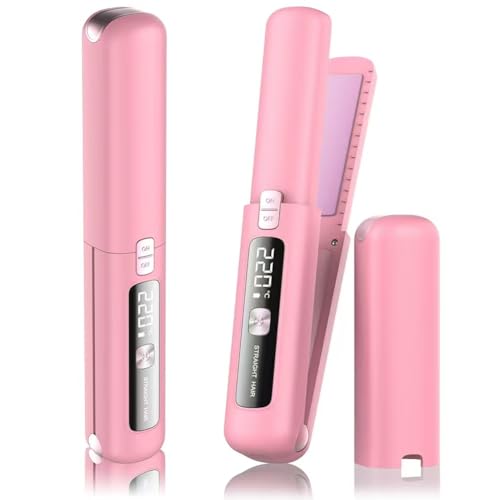 Prettrans Cordless Hair Straightener & Curler 2 in 1 - Mini, USB Rechargeable, Fast Heating, Portable Ceramic Flat Iron (Pink)