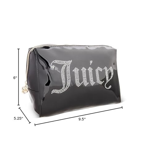 Juicy Couture Black Makeup Bag Cosmetics Organizer Travel Essentials Zip Top Wedge Shiny Patent Rhinestones