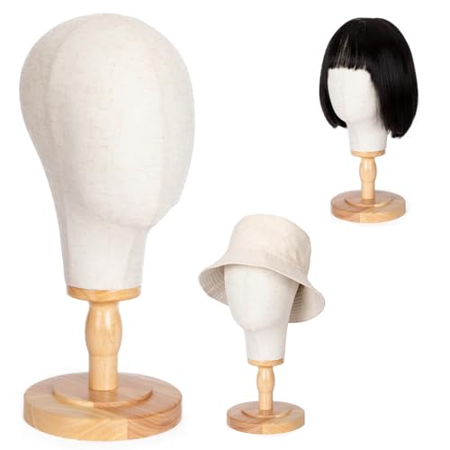Canvas Wig Head Stand with Wooden Base - Professional Mannequin