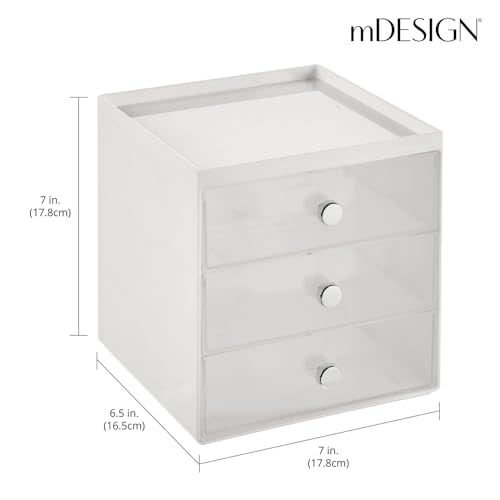 mDesign Plastic 3 Drawer Organizer for Makeup Storage - Large Stackable Makeup Organization and Storage Cube with Drawers for Bathroom, Vanity, Desk - Makeup Storage Drawers - Light Gray/Clear