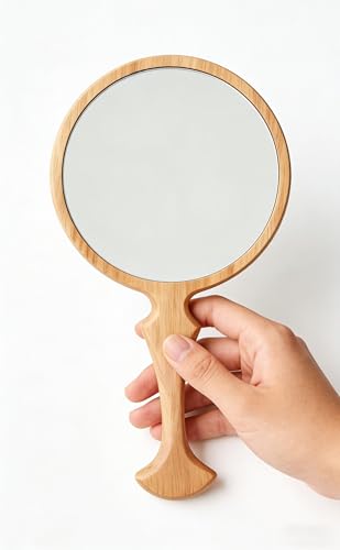 Wooden Handheld Mirror 5.1" Vintage Round Beech Wood with Handle