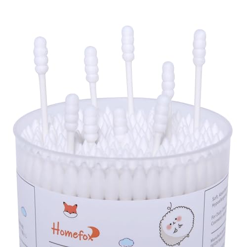 HOMEFOX 400 White Organic Cotton Swabs Spiral Pointed Double Sided - Gentle Lint-Free Tips