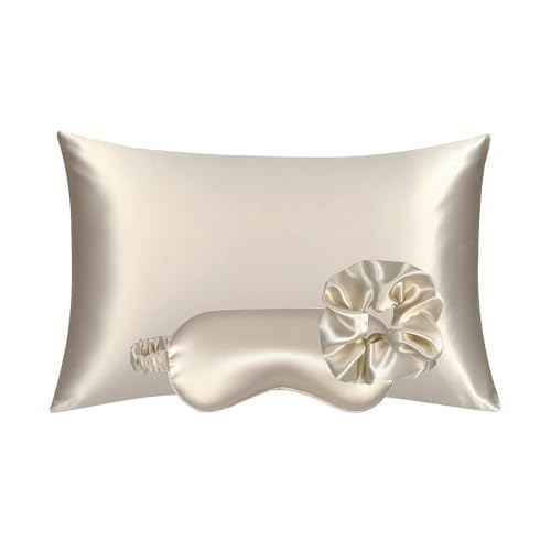 Vegan Silk Sleep Set, Vegan Silk Pillowcase with Large Scrunchie and Eye Mask for Hair and Skin, Self Care Essential Satin Night Routine Kit (Champagne Color)