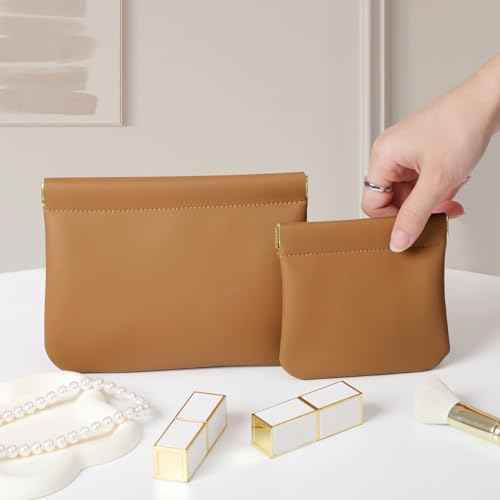 2 Pack Small Makeup Bag for Women, New Organosilicon Super Fiber Leather Mini Cosmetic Bag for Travel, Coin Purse Organizer Storage Pouch (Brown)