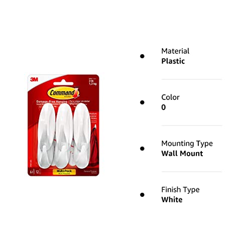 Command Medium Designer Hooks, Holdes up to 3 lb, 6 Wall Hooks with 12 Command Strips, White, Damage Free Hanging Hooks for Hanging Decorations in Living Spaces