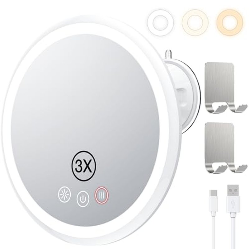 3X Magnifying Lighted Shower Mirror Fogless for Shaving, 5000mAh Rechargeable 8.3¡± Heated Fog Free Shower Shaving Mirror with Light 3 Colors Dimmable, 360¡ÆSwivel Magnetic Design for Men, NO-Drilling