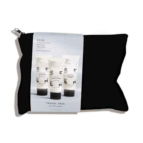 SEEN Travel Trio, Fragrance Free - Non-Comedogenic & Blow-Out Hair Cream, Shampoo & Conditioner Set- Reduces Frizz- Heat Protectant- Safe for Sensitive & Eczema Prone Skin