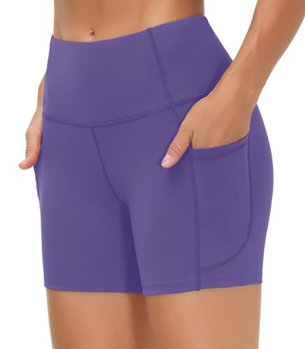 THE GYM PEOPLE High Waist Yoga Shorts for Women's Tummy Control Fitness Athletic Workout Running Shorts with Deep Pockets Bright Purple