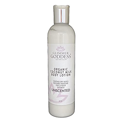 GLIMMER GODDESS Organic Body Lotion - Unscented Coconut Milk, Moisturizes for Soft Silky Skin All Day 8 oz