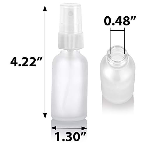 JUVITUS (24 pack) 1 oz Clear Frosted Glass Boston Round Bottle with White Fine Mist Spray + Funnel