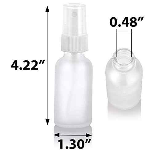 JUVITUS 1 oz Clear Frosted Glass Boston Round Bottle with White Fine Mist Spray (24 pack) + Funnel
