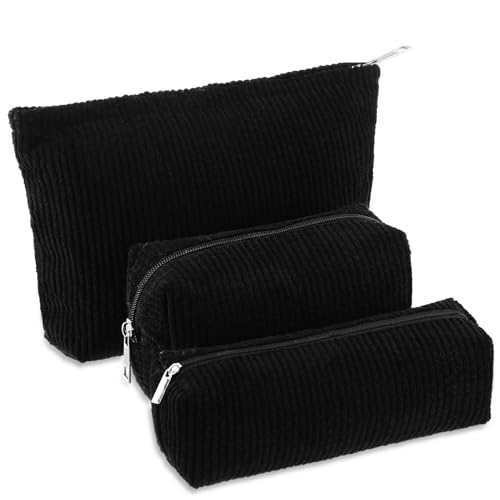 Huhumy 3-Piece Corduroy Makeup Bag Set for Women, Black