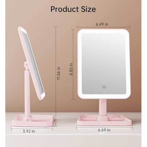 Famihomii Rechargeable Lighted Makeup Mirror for Girls, Desk Mirror with Lights, Detachable 10X Magnifying Mirror, Storage Base, 360¡Æ Rotation, Dimmable Lights for Teens Gifts, Pink
