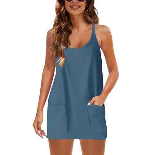 Lianlive Women Athletic Mini Dresses Built-in Shorts Set Summer Sleeveless Sundress Hot Shot Mini Dress