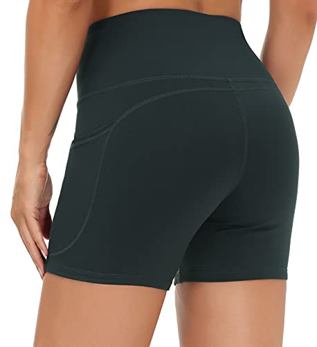 THE GYM PEOPLE High Waist Yoga Shorts for Women Tummy Control Fitness Athletic Workout Running Shorts with Deep Pockets (Small, Dark Grey)