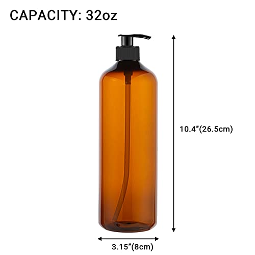 32 oz Amber Pump Bottles - 4 Pack with Funnel & Labels