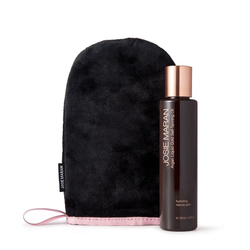 Josie Maran Argan Liquid Gold Self Tanning Oil - Streak-Free Self Tanner Made with Argan Oil & Coconut Water - Gives Skin a Buildable, Hydrating Glow - Includes Tanning Mitt (4.3 Fl Oz)